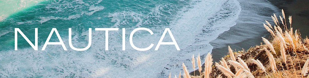 A picture looking over a grassy cliff into the ocean with "Nautica" overlayed. 