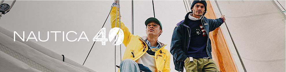 Nautica 40. Image of men wearing collared shirts and jackets on a sail boat.