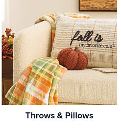 Image of couch with fall decor. Shop throws & pillows. 