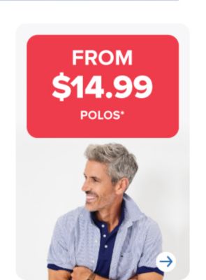 From 14.99 polos. Shop now. Image of a man in a blue polo.