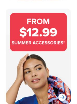 Image of a a woman with a scarf in her hair. From 12.99 summer accessories. Shop now.