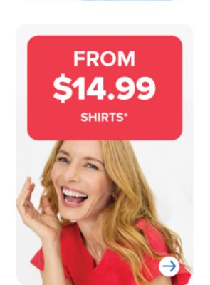 Shop now. From 11.99 shirts. Shop now. Image of a woman in a red shirt..