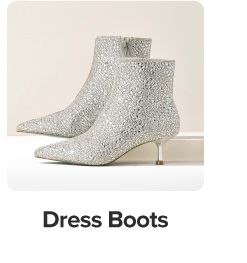 Image of silver glitter heeled boots. Shop dress boots.