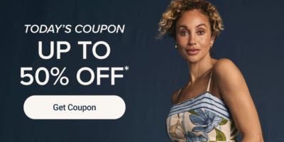 Person wearing trendy clothes. Today's coupon. Up to 50% off. Get coupon.