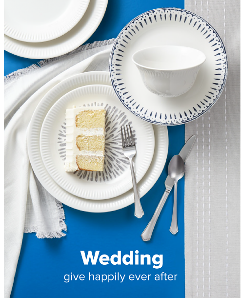 A white dinnerware collection featuring a plate and a piece of cake. Wedding, give happily ever after.