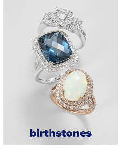 Three rings in different styles, featuring various stones. Birthstones.
