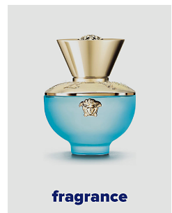 A blue and gold fragrance bottle. Fragrance.