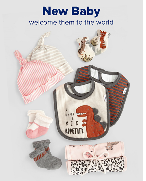 A striped bib, a bib with a dinosaur applique, a gray pair of socks, a pink and white pair of socks, two baby beanies and a set of cloths. New baby, welcome them to the world.