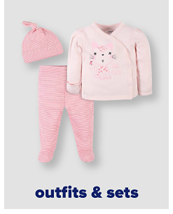 A pink long sleeve top with a cute animal applique on the front, a pair of pink pants with footies, a pink baby beanie. Outfits and sets.