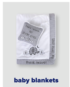 A white and gray baby blanket with little elephants and text that says thank heaven for the little ones. Baby blankets.