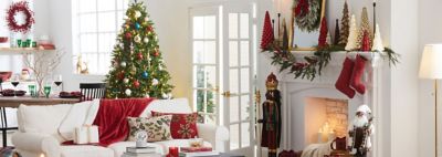 An image of a living room, fireplace and mantel and a Christmas tree decorated for Christmas.