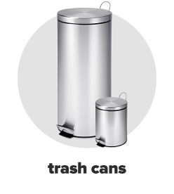 Two silver trash cans, one large and one small. Trash cans. 
