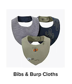 Three baby bibs in blues and olive green. Bibs and burp clothes. 
