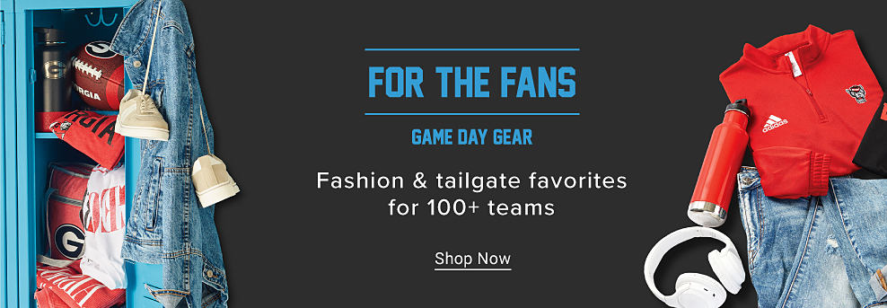 Assorted college team clothing and accessories. For the fans. Game day gear. Fashion and tailgate favorites for 100 plus teams. Shop now.