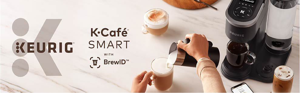 Keurig logo. K cafe smart with BrewID. Image of a Keurig coffe maker with various coffee drinks.