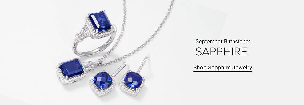 September's Birthstone: Sapphire. Image of sapphire jewelry. Shop sapphire jewelry.
