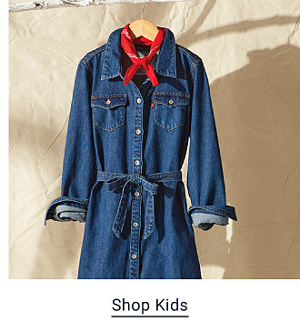 Image of denim dress on hanger with red scarf 