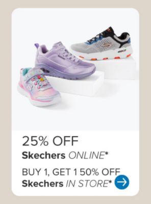 Image of various sneakers. 25% off Skechers.