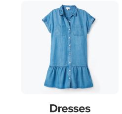 Image of a denim dress. Shop dresses.