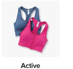 Image of 2 sports bras. Shop active.