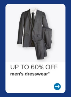 Image of a men's black suit. Up to 60% off men's dresswear.