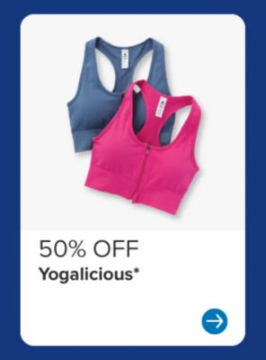 Image of pink and blue sports bras. 50% off Yogalicious.