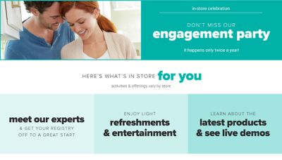 A man wearing a light blue shirt standing next to a woman wearing a biege sweater over a white top. In Store Celebration. Don't miss our Engagement Party. It happens only twice a year.
