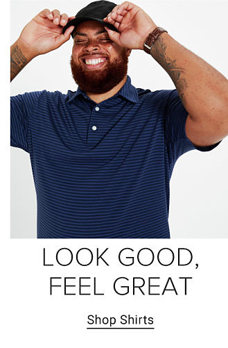 A man in a blue striped polo shirt and black golf cap. Look good, feel great. Shop shirts.
