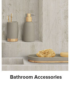 An image of gray and gold toothbrush cup and soap bottle with a matching soap tray. Shop bathroom accessories.