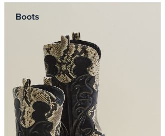 An image of snakeskin, knee high boots. Shop boots.