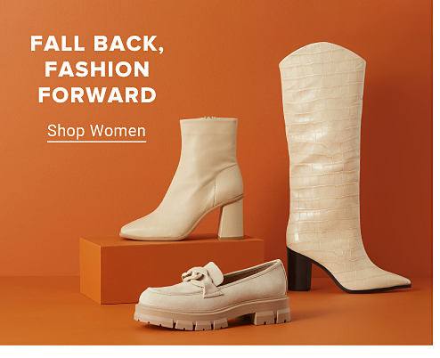 An image of ankle booties, knee high boots and comfort shoes, all in the same off white color. Fall back, fashion forward. Shop women.
