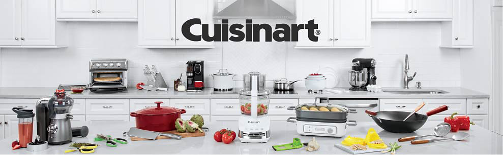 Cuisinart logo. Image of a kitchen with white cabinets full of kitchen appliances and prep tools.
