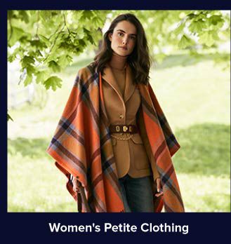 An image of a woman in a brown jacket with an orange shawl. Shop women's petite clothing.