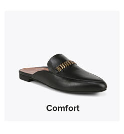 A slip on black leather shoe. Shop comfort.