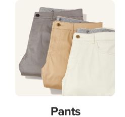 Gray, tan and khaki pants. Shop pants.