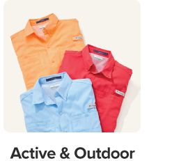 Orange, red and light blue outdoor shirts. Shop active and outdoor.