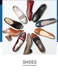 A collection of shoes in a varity of colors and styles. Shop shoes.
