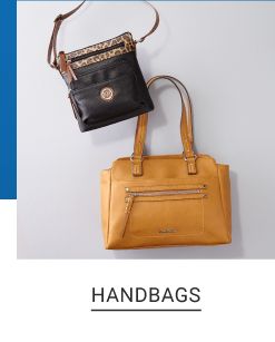 A black crossbody bag and a tan tote bag. Shop handbags.