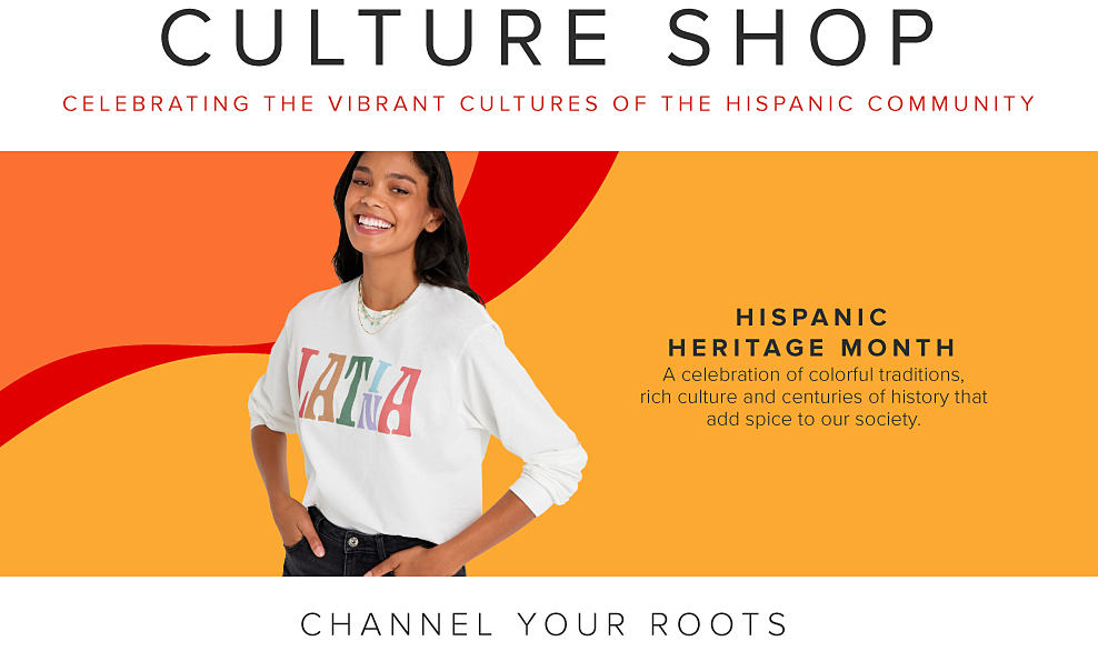 Culture shop. Celebrating the vibrant cultures of the Hispanic community. Young woman wearing a white long sleeve shirt that says Latina on it. Hispanic heritage month. A celebration of colorful traditions, rich culture and centuries of history that add spice to our society. 