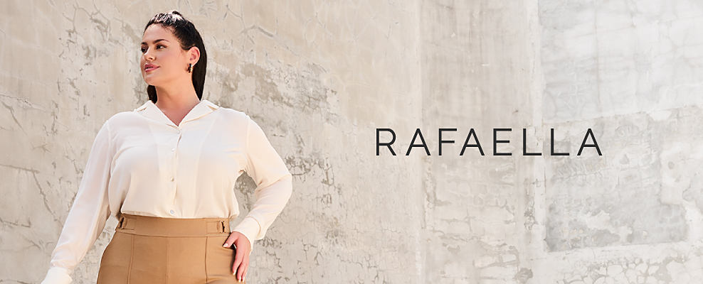 Image of a woman wearing a white blouse and light brown pants. Rafaella.