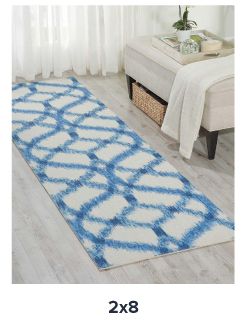 A blue and white spiral design rug. Shop 2 by 8 rugs.