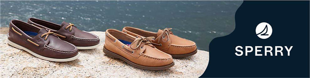 Two pairs of Sperry boats shoes in light brown and dark brown. Sperry logo. 