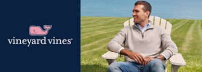Vineyard Vines logo. Every day should feel this good. Image of a man in a blue rugby shirt and a boy in a striped rugby shirt.