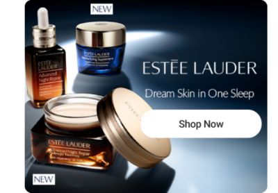 Image of new skin care products. Estee Lauder logo. Dream skin in one sleep. Shop now.