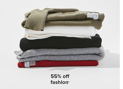 A stack of folded sweaters in colors like green, black, white, gray and red. 55% off fashion. 