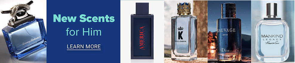 An assorment of men's cologne bottles. New Scents for Him. Learn more.