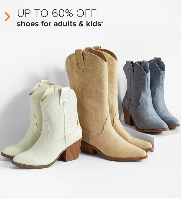 Brown, grey and white cowboy boots. Up to 60% off shoes for adults and kids.