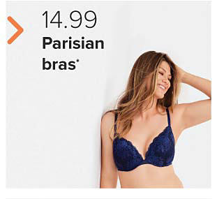 Woman wearing a navy blue lace bra. $14.99 Parisian bras. 