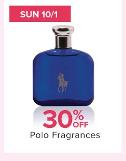 Sun 10/1. Image of fragrance. 30% off Polo fragrances.