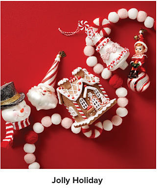 Red and white Christmas ornaments. Shop Jolly Holiday.